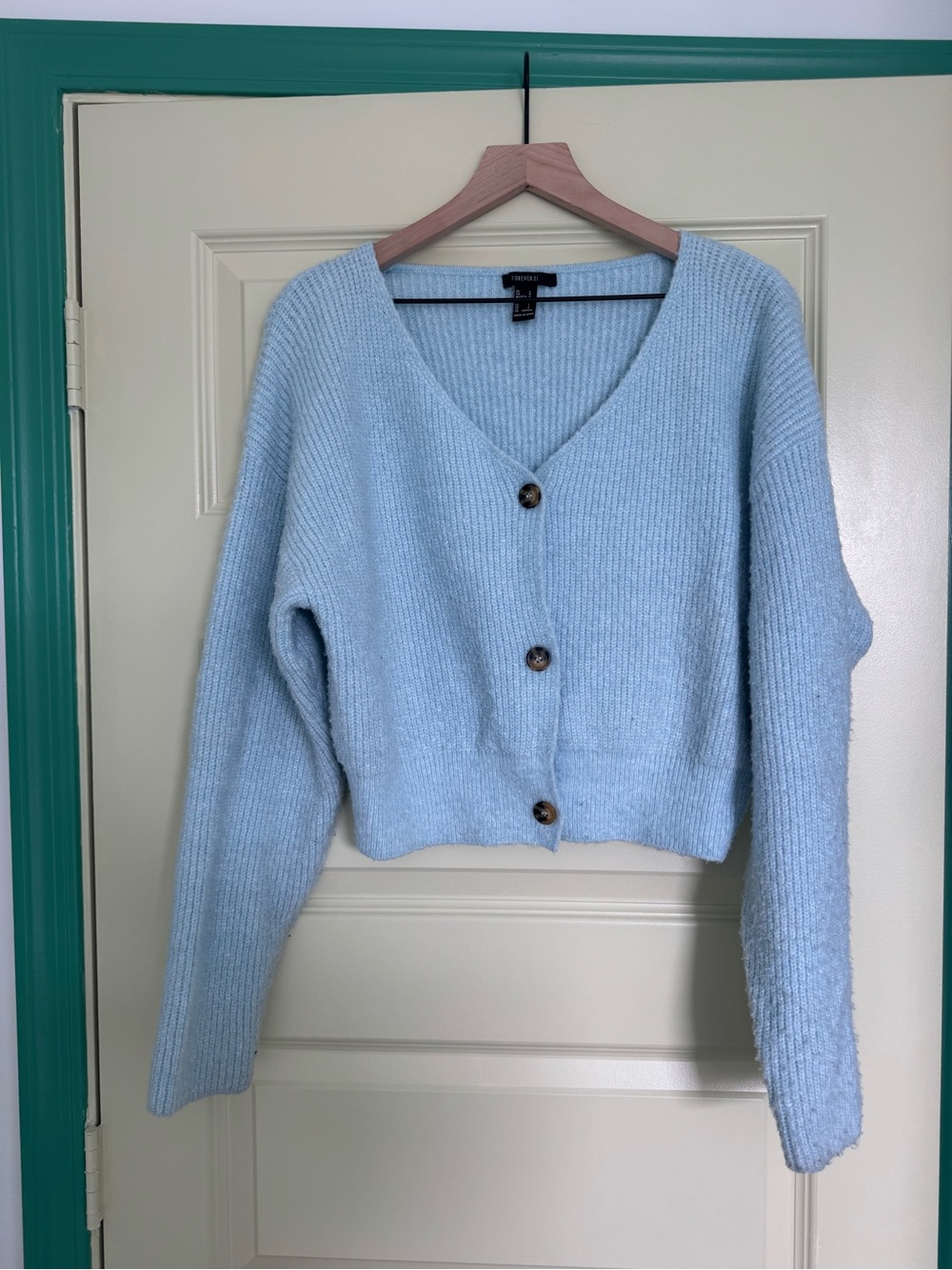 Forever 21 Light Blue V-Neck Button Cropped Cardigan